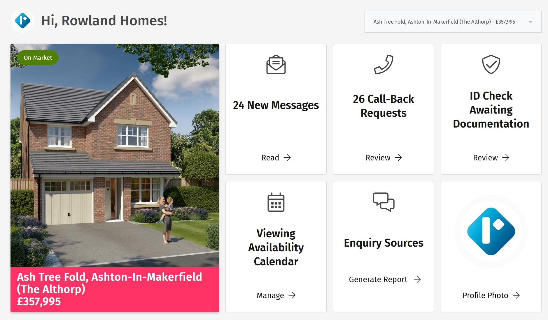 Rowland Homes developer dashboard, a listed property view showing scheme details, enquiries and reservation status.